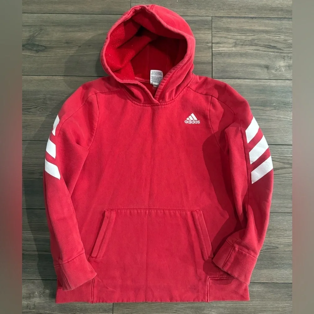Adidas Youth XL Red Hoodie Sweatshirt 3-Stripe Sleeve Logo Pullover